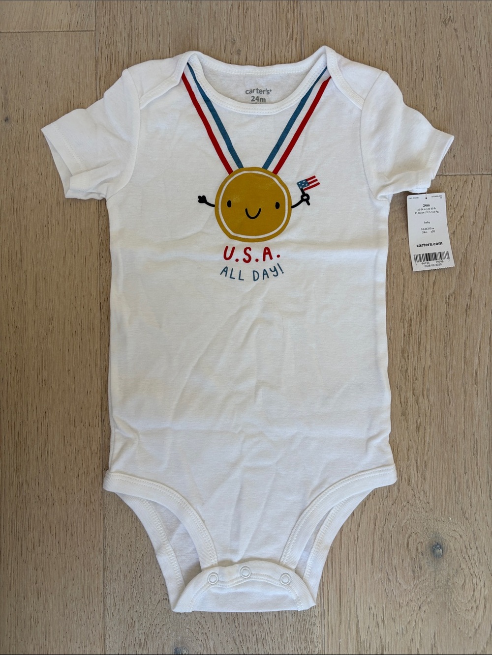 Carter's White Short-Sleeve One-Piece with Gold Medal Graphic and Red/Blue Trim